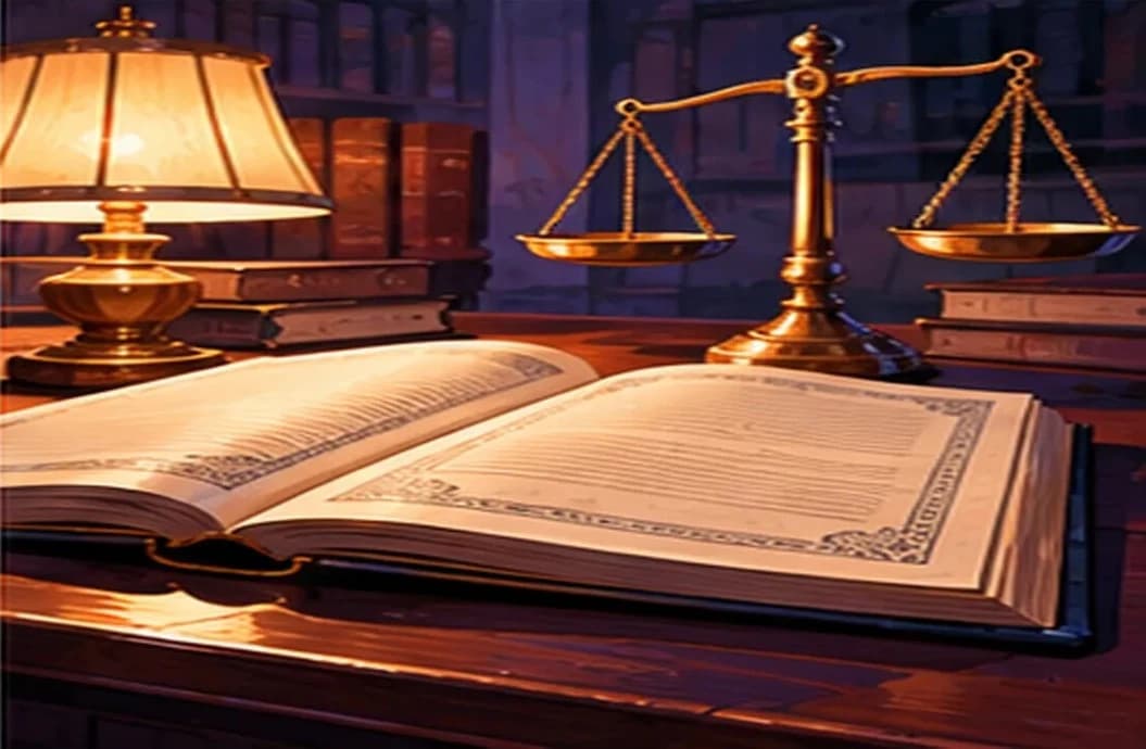 An open Constitution of India on a desk, lit by a lamp, with a balance scale beside it tipping gently