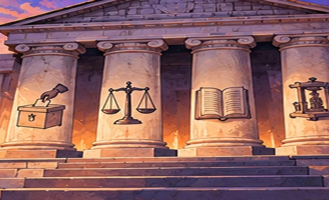 A classical building with several pillars, each pillar carved with a simple symbol: a ballot box, scales, an open book and a printing press