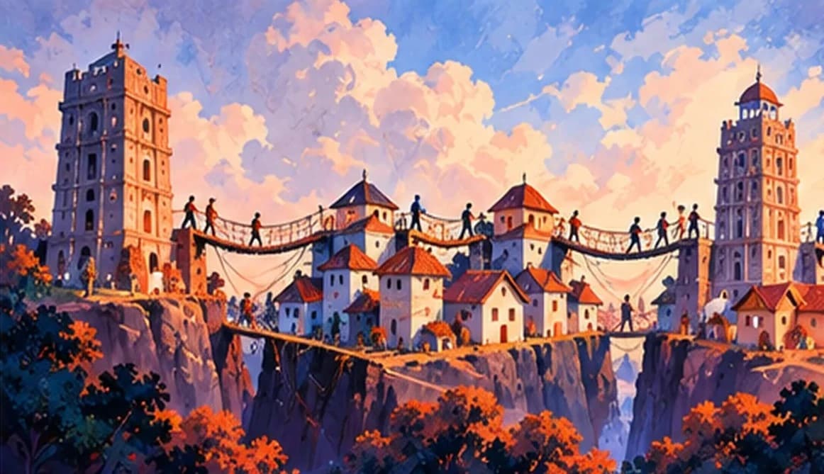 A single tall tower, then many small houses joined by bridges, then one tall tower again, drawn as a timeline across a landscape