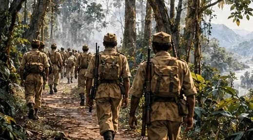 Illustration of Indian National Army soldiers marching through a Burmese jungle road in the 1940s, seen from behind