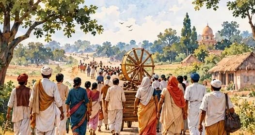 Illustration of a large peaceful procession of Indian villagers, women and workers walking along a dusty road with spinning wheels on carts
