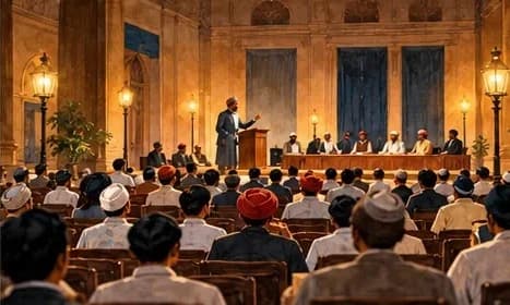 Illustration of an 1880s Indian political meeting in a lamp-lit hall, delegates in period dress listening to a speaker
