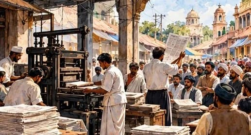 Illustration of a 19th-century Indian printing press with newspapers being read by a crowd at a city street corner