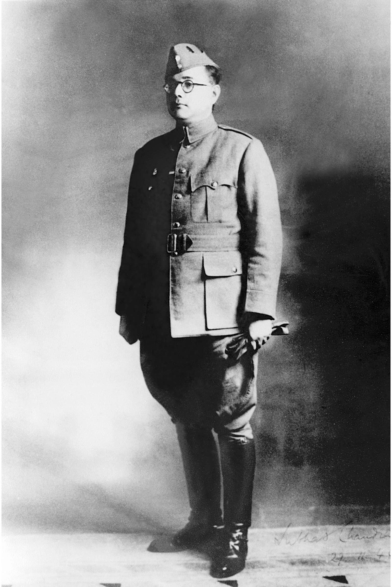 Archival photograph of Subhas Chandra Bose in uniform