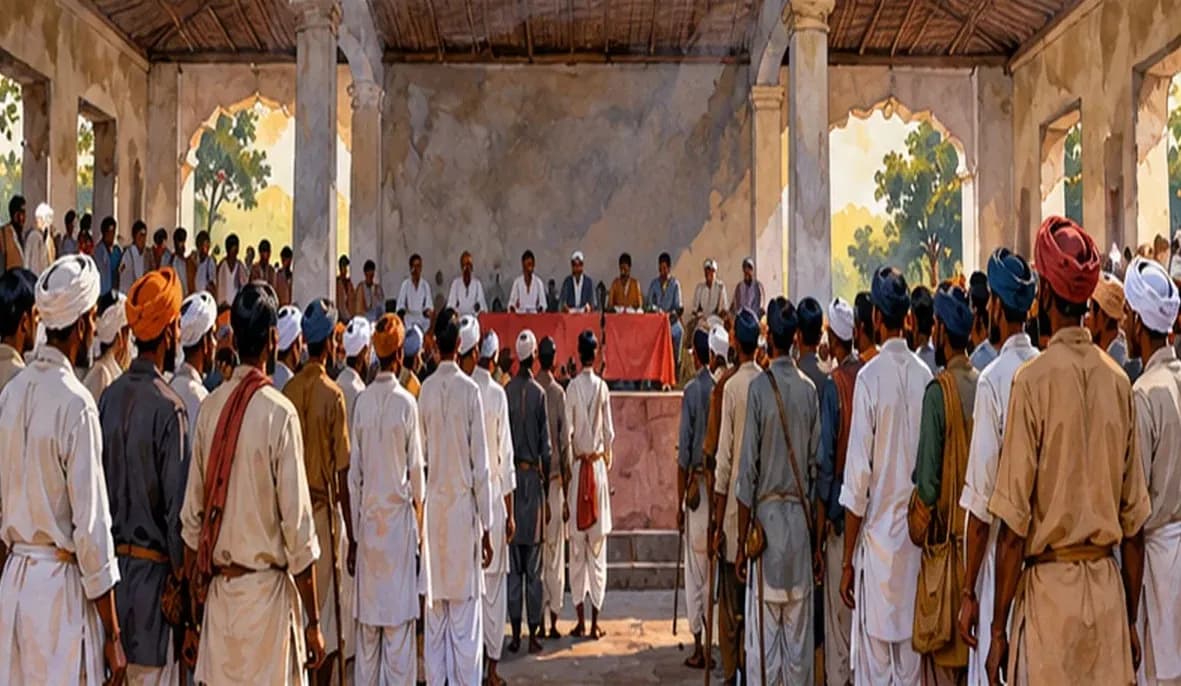 Illustration of a 1940s peasant conference in a Bihar town, two groups of delegates standing apart in a tense hall