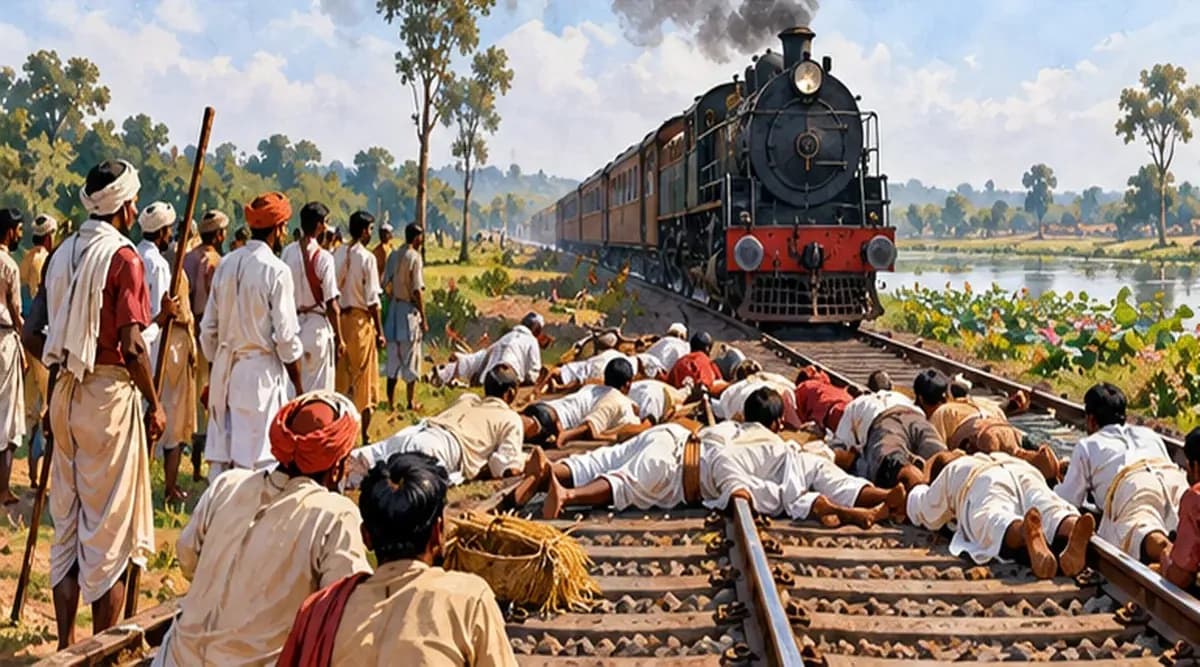 Illustration of peasant satyagrahis lying across a railway line in Monghyr in 1939, a stopped steam train in the distance