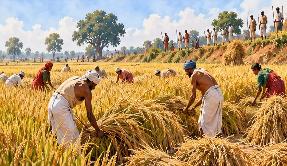 Illustration of Bihar peasants harvesting a ripe paddy field in the late 1940s under a wide sky, a few people watching from a raised field bund