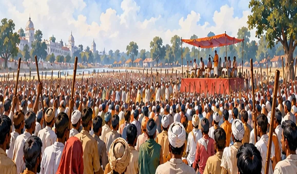 Illustration of a vast peaceful peasant rally on a large open maidan in Patna in 1937, lathis raised, seen from behind the crowd