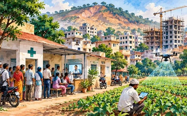Illustration of a crowded Indian town with a health centre, a small farm plot squeezed by new buildings and a degraded hillside