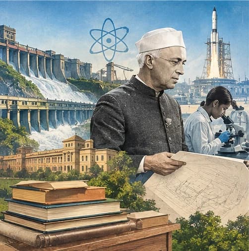 Nehru alongside a dam, research laboratory and rocket, symbolising investment in development and science.