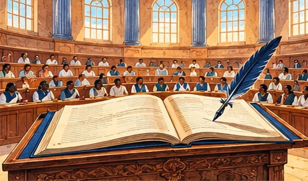 An open constitution book on a lectern in a parliament chamber, with a quill adding a new page while members look on