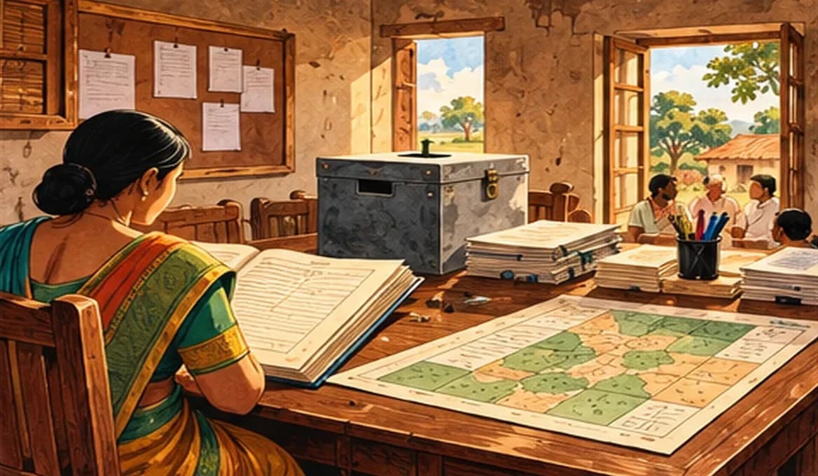 A panchayat bhawan with a notice board, a ballot box, a ledger of accounts and a map of village wards on a table