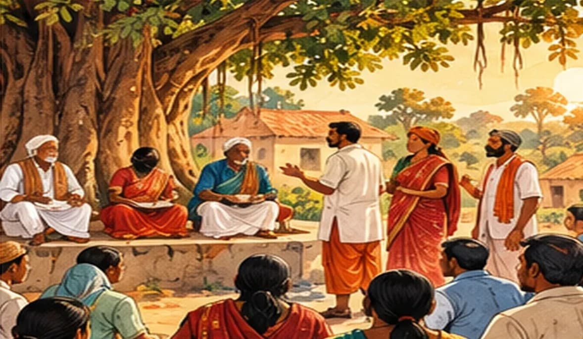 Five village elders seated on a raised platform under a great banyan tree, with villagers gathered around them