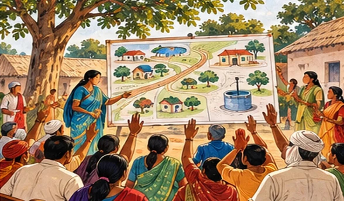 Villagers at a Gram Sabha meeting raising hands to approve a development plan drawn on a chart beside a village map