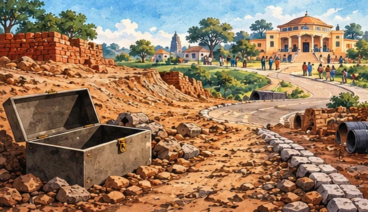 A half-built village road and an empty panchayat cash box beside a busy, well-funded town hall in the distance