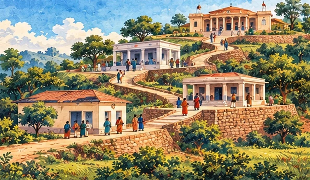 A three-level stepped structure of a village panchayat office, a block office and a district office connected by paths