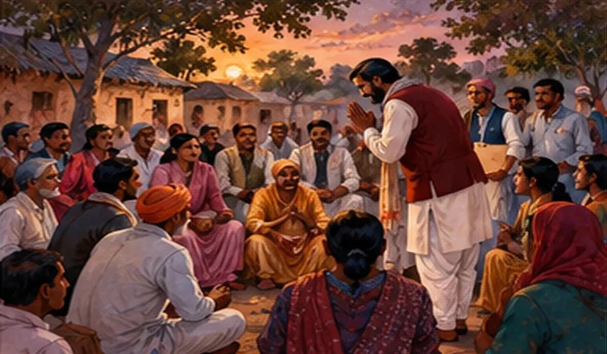 Rural voters gathered in separate small clusters at a village meeting, with a candidate moving between the groups