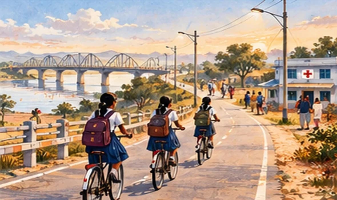 A new rural road and bridge in Bihar with schoolgirls cycling to school and a streetlight overhead
