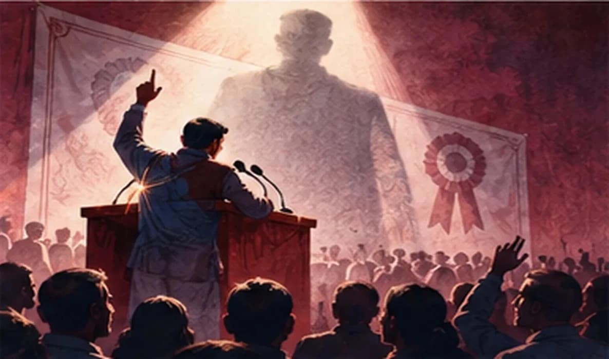 One towering spotlit figure at a rally podium, casting a long shadow over a much smaller party banner behind him