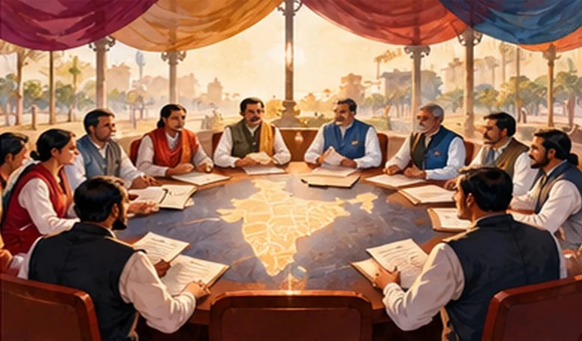Leaders of many differently coloured parties seated together around one round table under a single large canopy