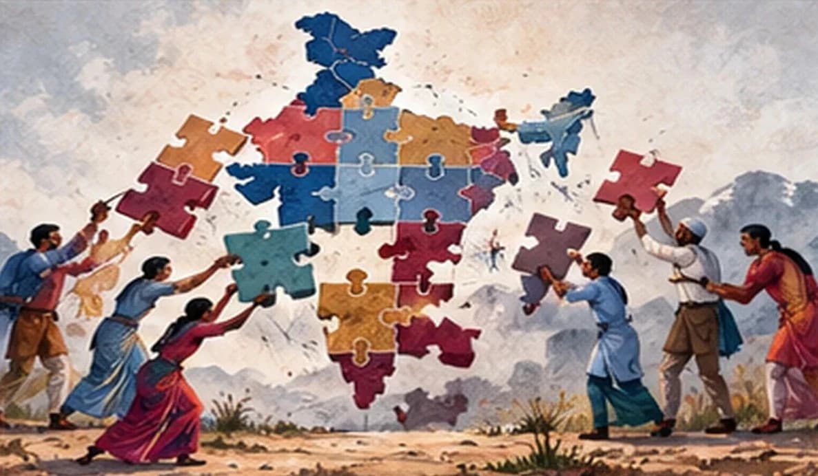 A large map of India pieced together from many separate coloured tiles, some pulling apart at the edges