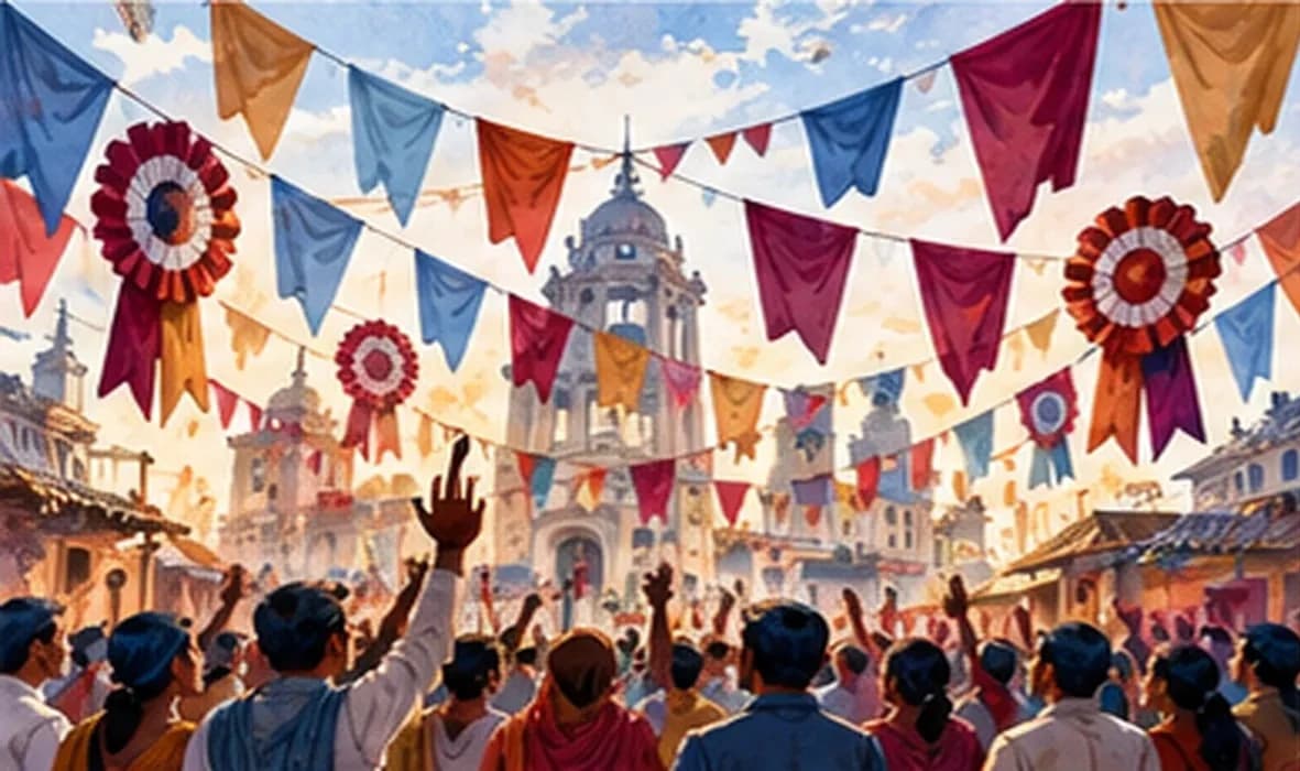 A crowded wall of many different party flags and rosettes in many colours, with no symbols or text, fluttering in a town square