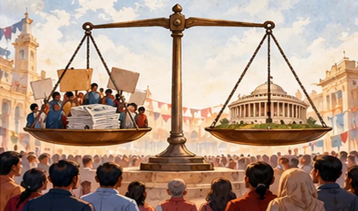 A large balance in a public square: on one pan petitions, placards and newspapers, on the other a parliament dome, held level