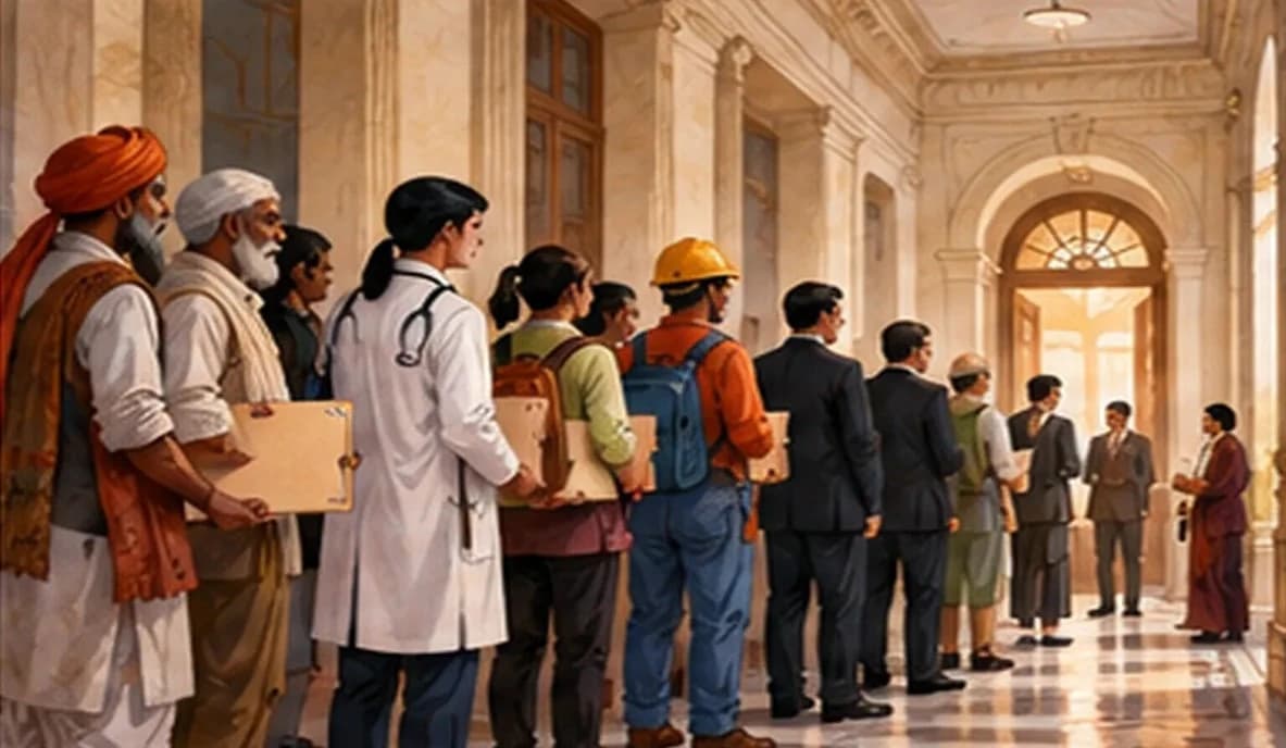 Delegations of farmers, doctors, students, workers and business people waiting in a grand government corridor with files and petitions