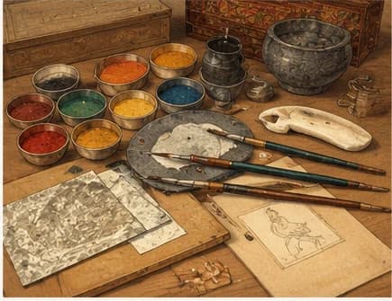 Natural colours, brushes, paper and painting tools / प्राकृतिक रंग, कूचियाँ, कागज़ और चित्रण के उपकरण