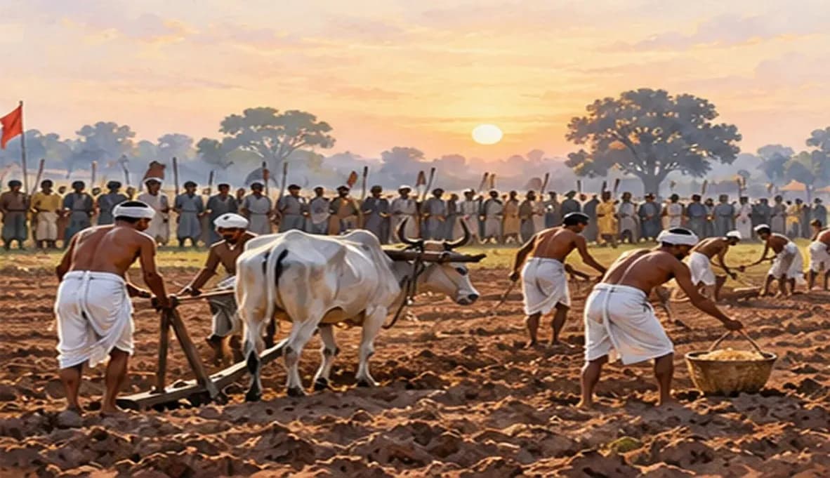 Illustration of Bihar peasants ploughing and sowing a disputed field together at dawn in 1938, a crowd standing guard at the field's edge