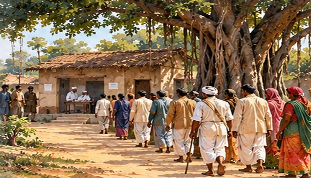 Illustration of peasants in 1937 Bihar walking along a village path to a polling booth under a banyan tree