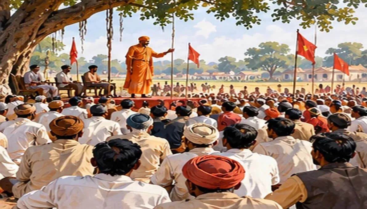 Illustration of a large open-air peasant meeting in rural Bihar in the 1930s, an ascetic speaker in saffron addressing farmers seated on the ground