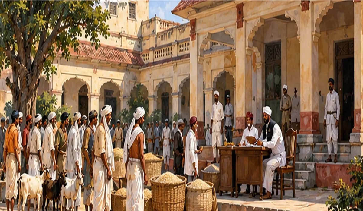 Illustration of peasants in colonial Bihar bringing grain, ghee and goats to a zamindar's courtyard while an agent keeps accounts