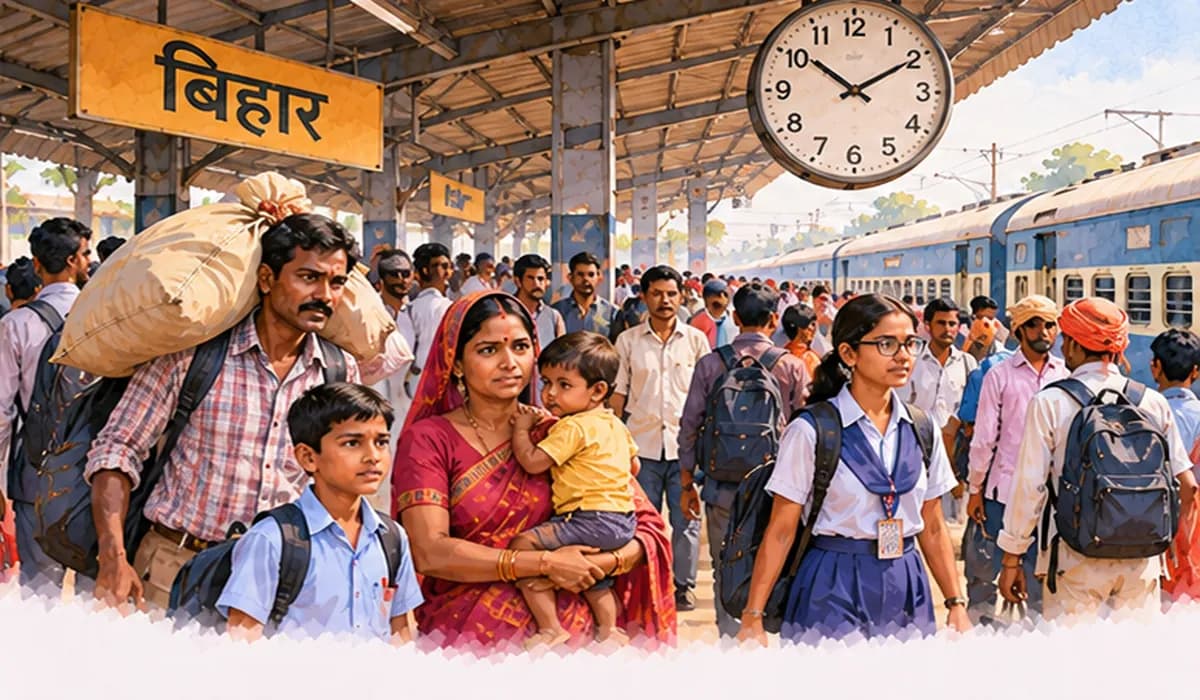 A crowded railway platform in Bihar with families, workers and students, under a large clock