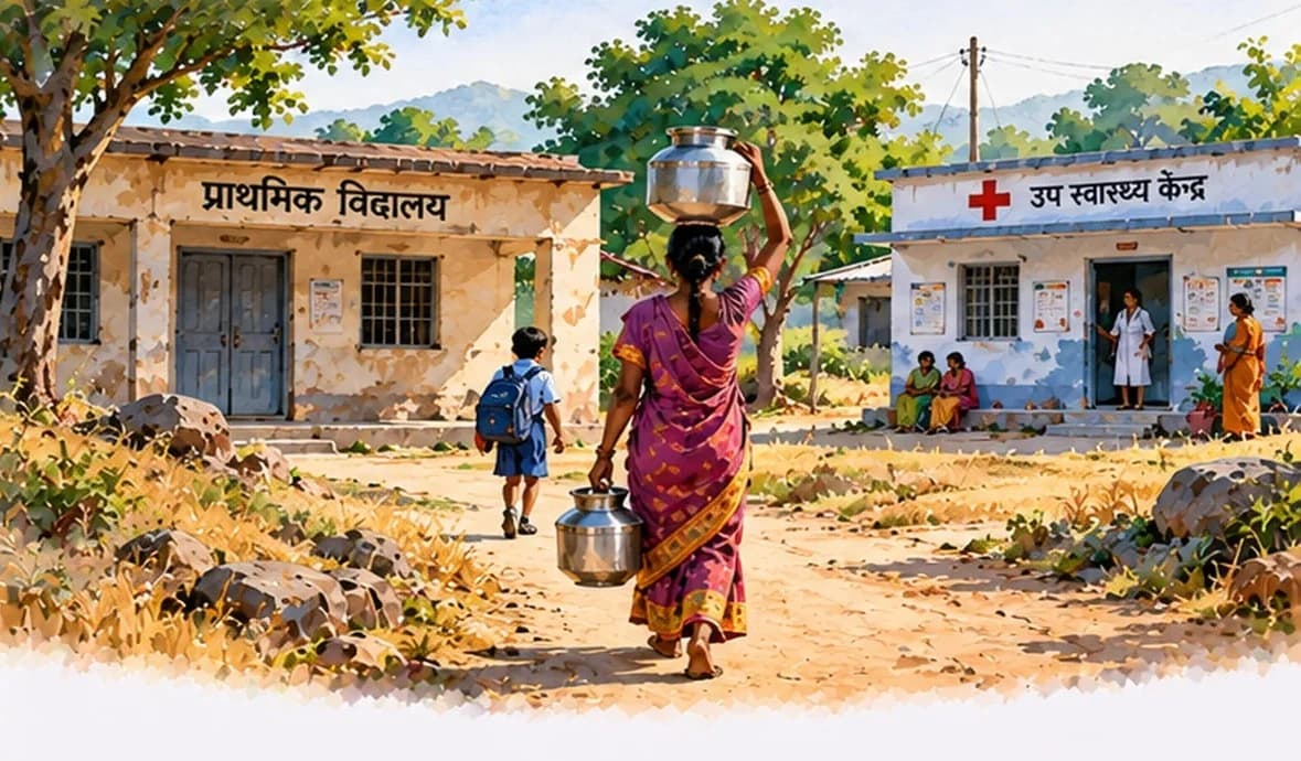 A village scene with a woman carrying water from a distant hand pump past a closed school and a small clinic