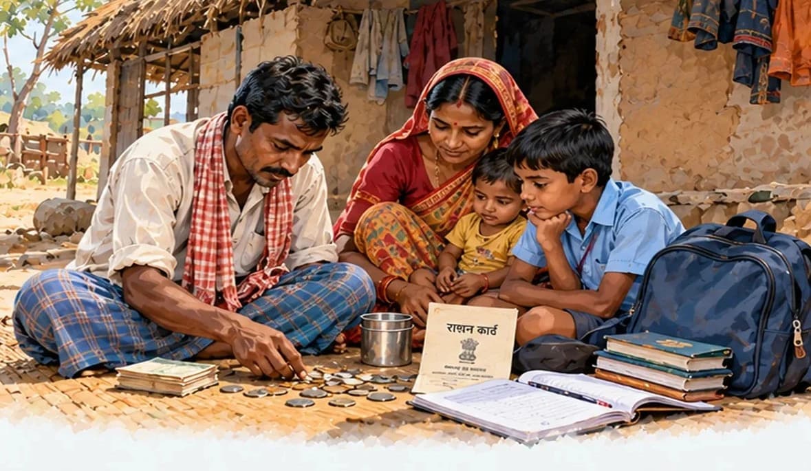 A daily-wage worker's family outside a small hut, counting coins beside a ration card and school bag