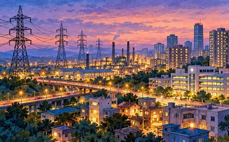 Illustration of an Indian city at dusk with lit homes, factories and high-voltage transmission towers