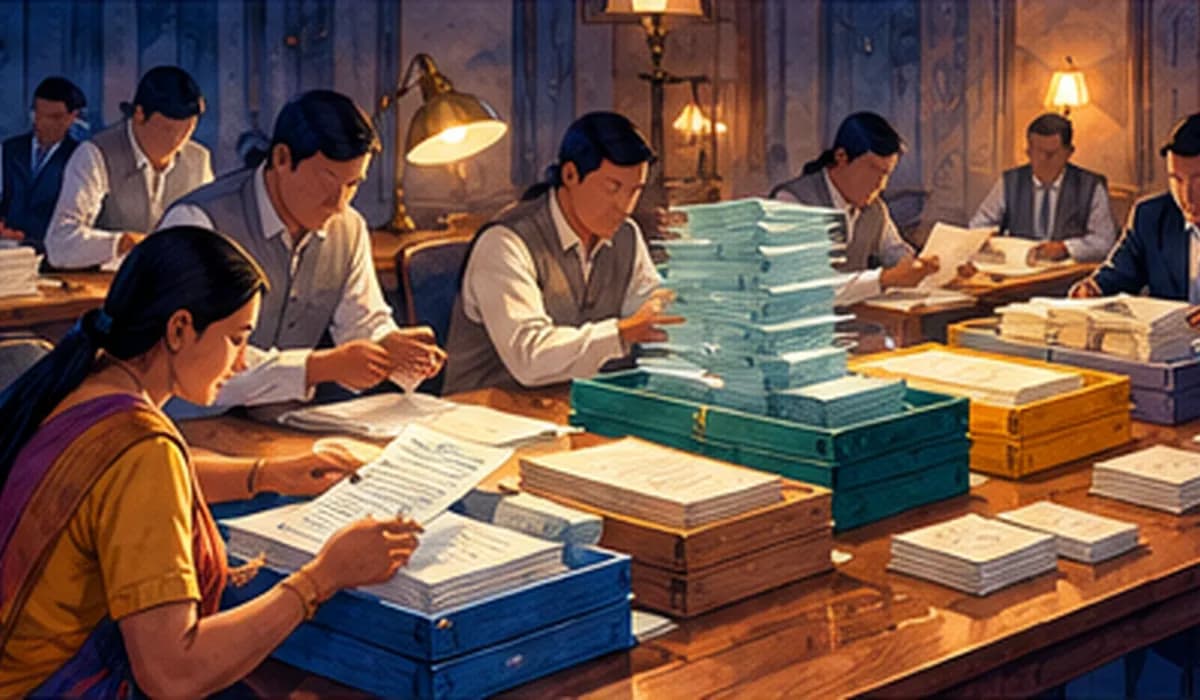 Counting officials sorting ballot papers into labelled trays by preference, with tally sheets on a long table