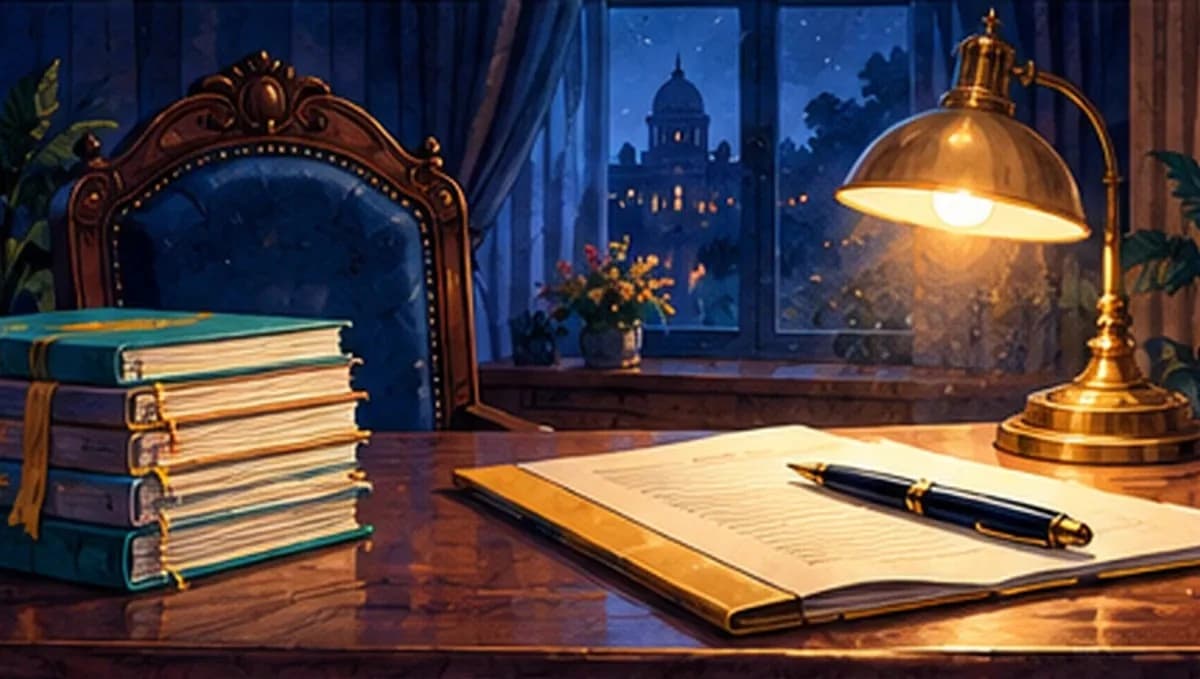 A President's desk at night with a single file set aside under a lamp, a pen resting beside it, unsigned