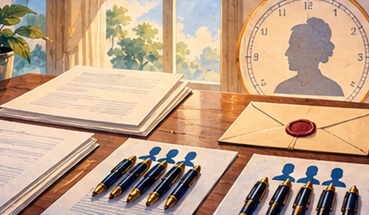 A candidate's nomination papers on a polished desk, with many pens of proposers and seconders lined up and a sealed deposit envelope