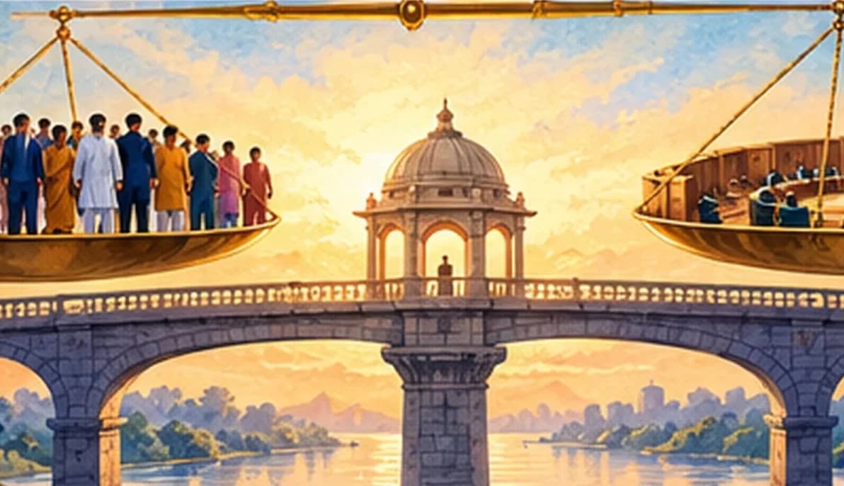 A balance with a crowd of citizens on one side and a small parliamentary chamber on the other, resting level on a bridge between them