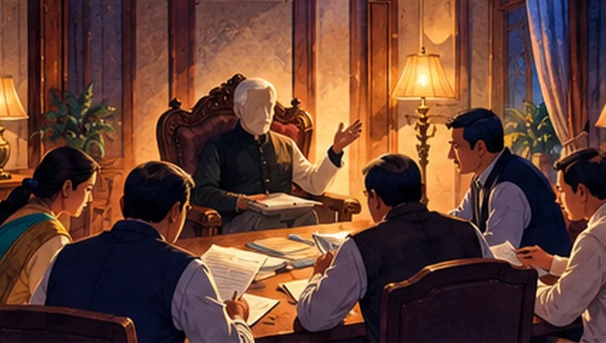 A dignified elderly head of a household seated in a grand chair while younger family members discuss and decide around a table