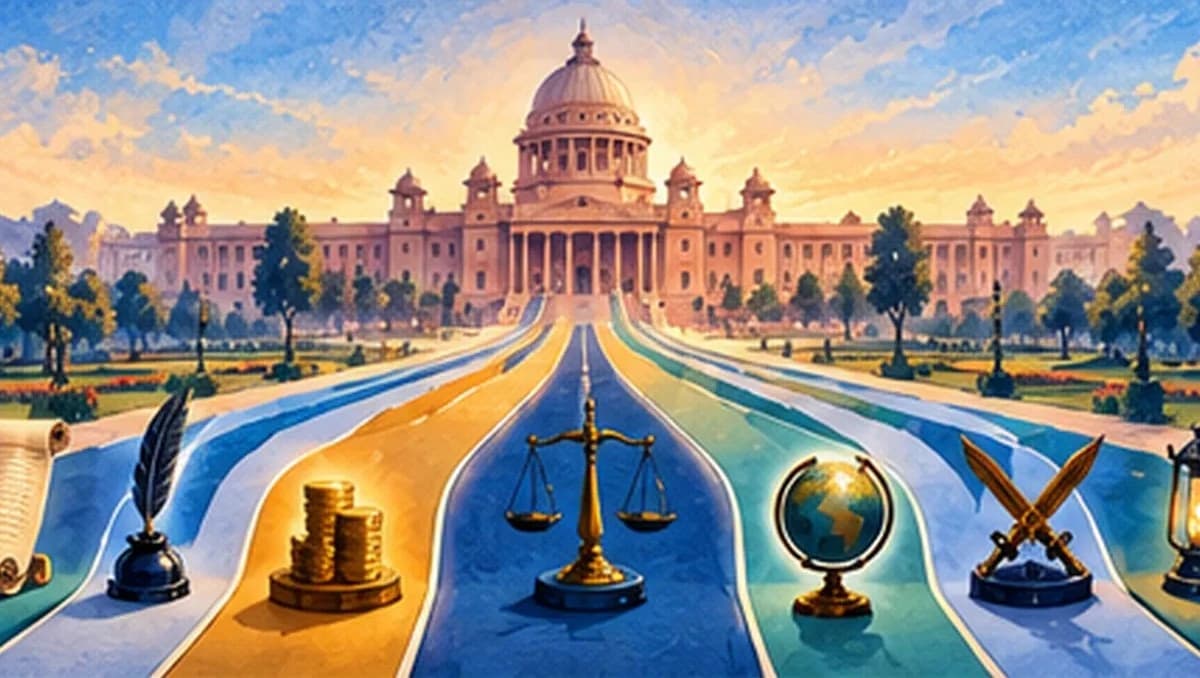 A grand domed presidential palace at dawn, with seven ceremonial paths leading up to its steps