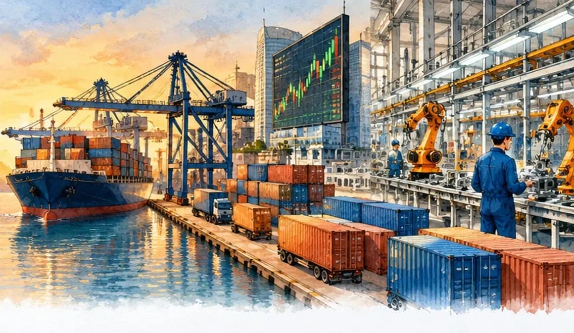 A container port with ships and cranes, a stock exchange board and a factory floor, symbolising an open economy