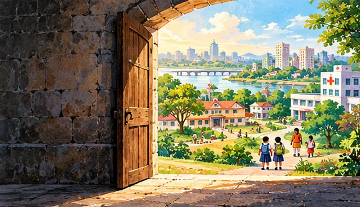 A narrow doorway opening onto a wide, sunlit landscape of homes, clean rivers, schools and hospitals