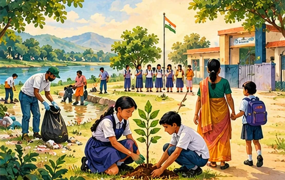 Citizens planting trees, cleaning a riverbank and saluting the national flag together in a village square