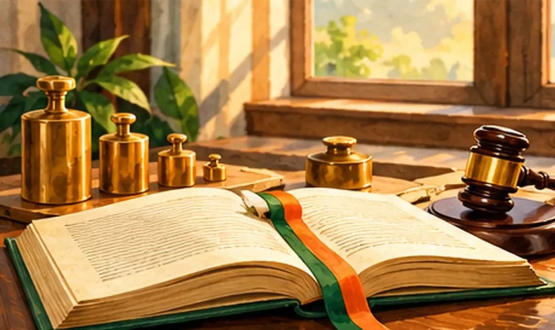 An open constitution book on a desk with a set of brass balance weights and a judge's gavel beside it