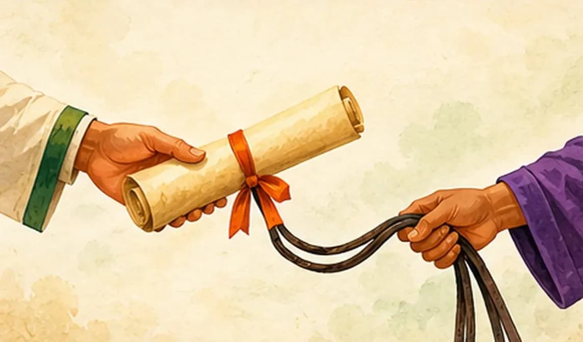 Two hands: one offering a glowing scroll of rights, the other holding a set of reins, set against a parchment background