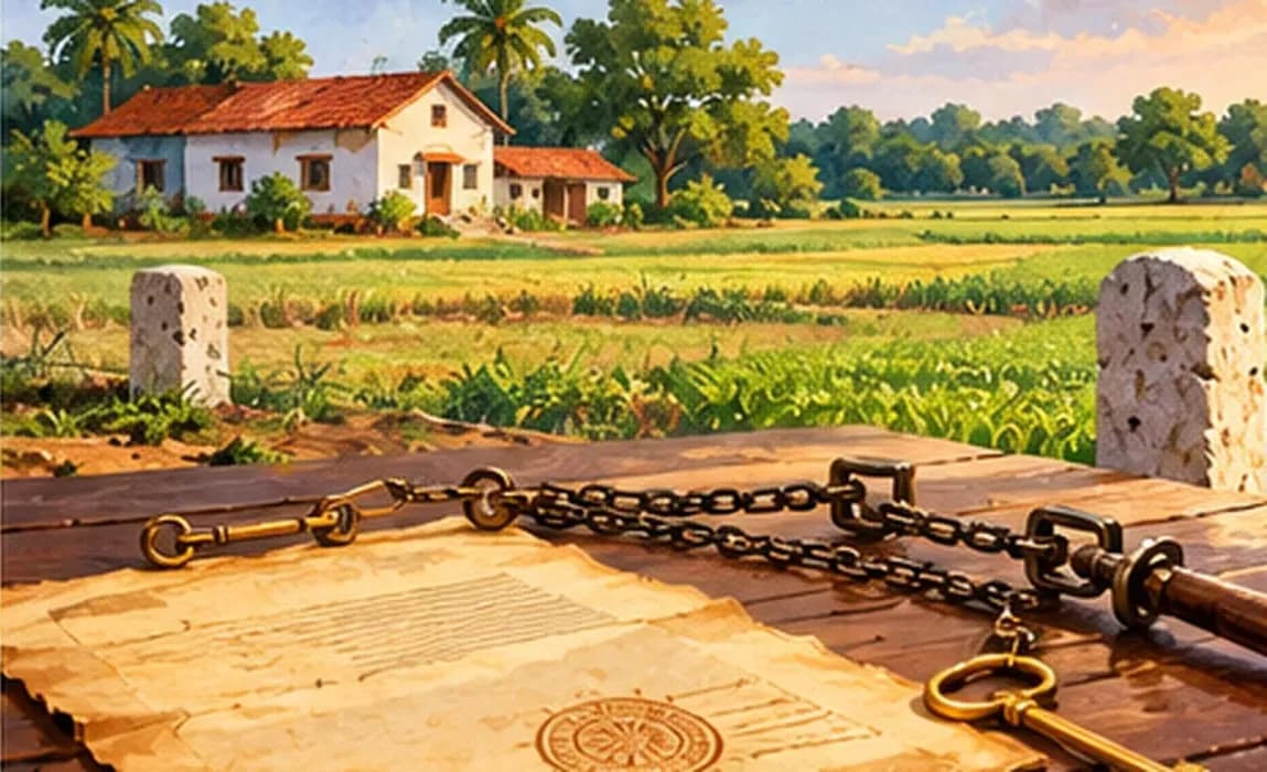 A farmhouse and fields with a surveyor's chain, an old land deed and a fading property seal in the foreground