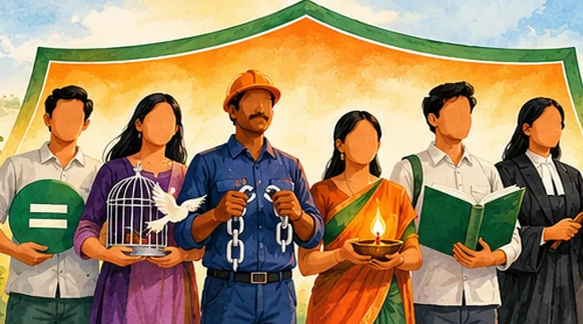 Six citizens of different backgrounds standing under one large protective canopy shaped like a shield